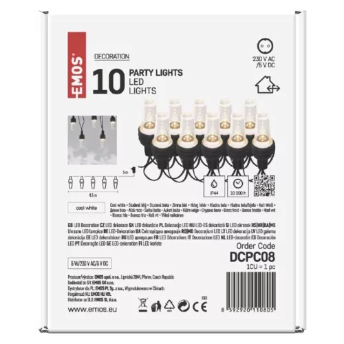 LED fényfüzér – 10x party égő átlátszó, 4,5 m, kültéri és beltéri, hideg fehér, IP44, EMOS, DCPC08