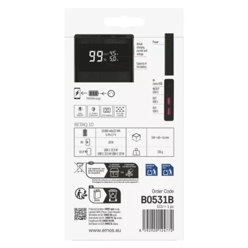 EMOS Powerbank BETAQ 10, 10 000 mAh, 22,5 W, fekete, B0531B