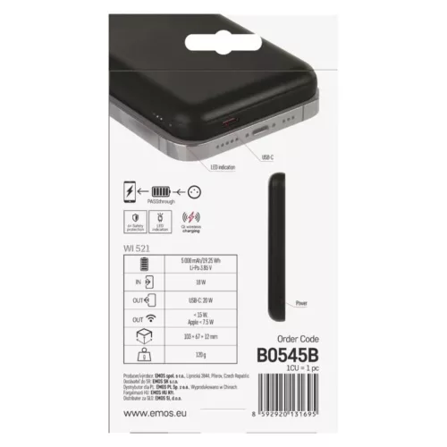 EMOS Powerbank WI 521, 5 000 mAh, 20 W+Wireless, fekete, B0545B