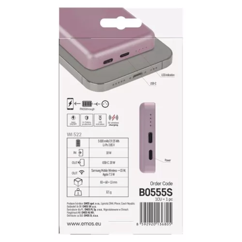 EMOS Powerbank WI 522, 5 000 mAh, 20 W+Wireless, lazac, B0555S