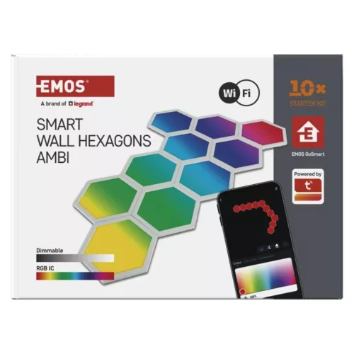 GoSmart LED-es lámpatest Hexagon, indító készlet, 10 rész, 19 W, RGBIC dimmelhető, WiFi, IP20, EMOS, ZIW22AR
