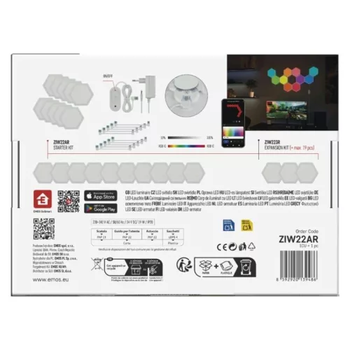 GoSmart LED-es lámpatest Hexagon, indító készlet, 10 rész, 19 W, RGBIC dimmelhető, WiFi, IP20, EMOS, ZIW22AR