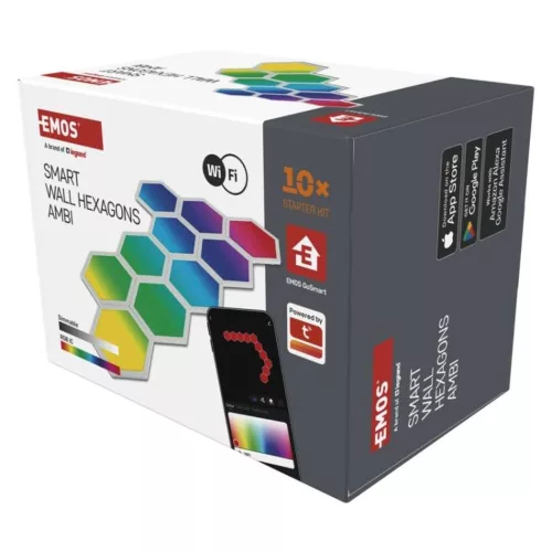 GoSmart LED-es lámpatest Hexagon, indító készlet, 10 rész, 19 W, RGBIC dimmelhető, WiFi, IP20, EMOS, ZIW22AR