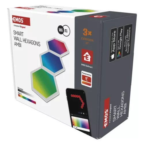 GoSmart LED-es lámpatest Hexagon, kiegészítő készlet,3 rész, 1,8 W, RGBIC dimmelhető, WiFi, IP20, EMOS, ZIW223R