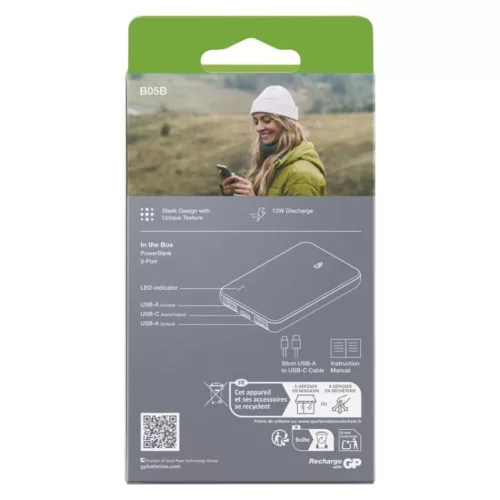 GP Powerbank B+ Series, 5 000 mAh, 12 W, zöldesszürke, világosszürke, B6405GY