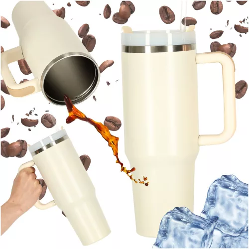 Termosz cană cu pai și cu mâner, 1200ml, crem
