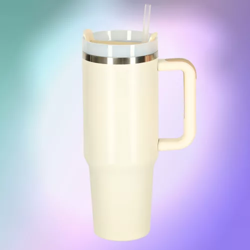 Termosz cană cu pai și cu mâner, 1200ml, crem