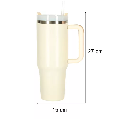 Termosz cană cu pai și cu mâner, 1200ml, crem