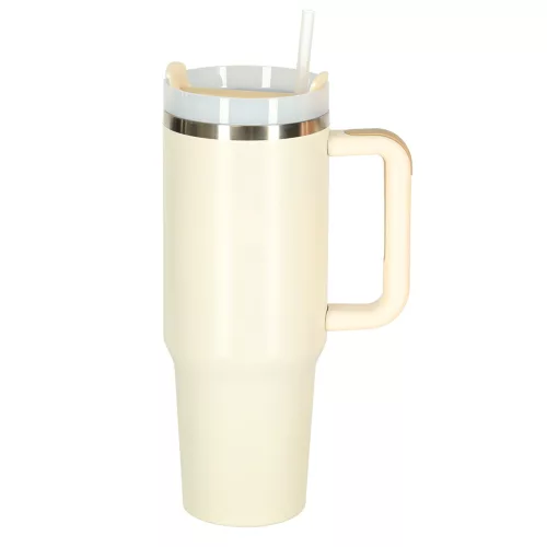 Termosz cană cu pai și cu mâner, 1200ml, crem