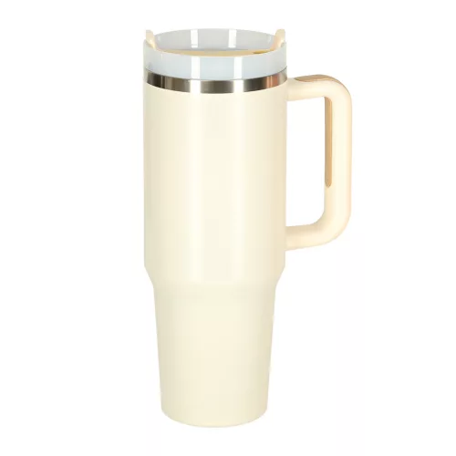 Termosz cană cu pai și cu mâner, 1200ml, crem
