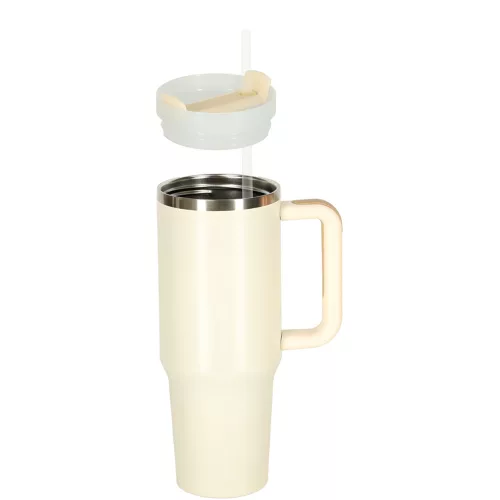 Termosz cană cu pai și cu mâner, 1200ml, crem