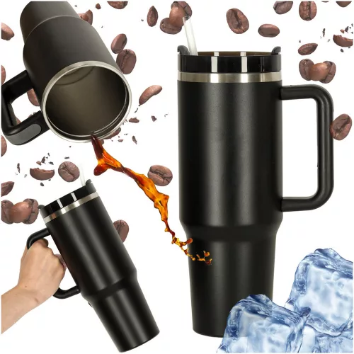 Termosz cană cu pai și articol, 1200 ml, negru