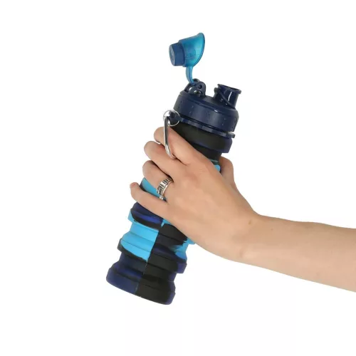 Szilikon összecsukható kulacs fogantyúval, BPA-mentes, 500 ml, kék