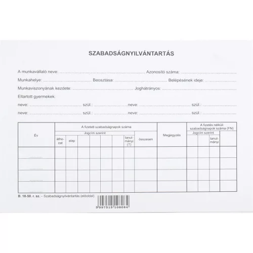 Nyomtatvány szabadság nyilvántartólap A/5