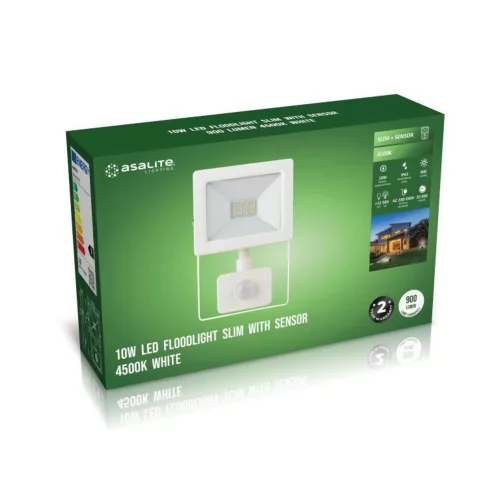 Asalite LED proiector alb Slim 10W 4500K (900 lumen) + senzor de mișcare