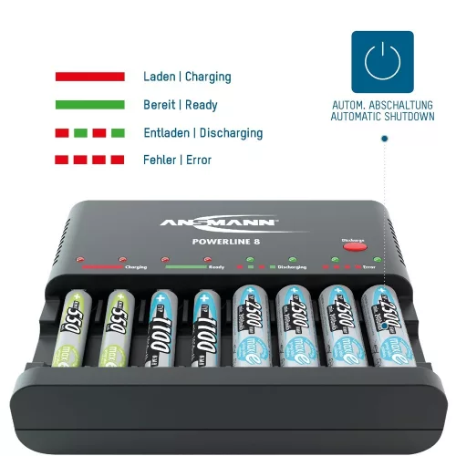 ANSMANN akkumulátortöltő 8xAA / AAA NiMH akku töltéséhez és kisütéséhez - 8-utas, USB, csepptöltés