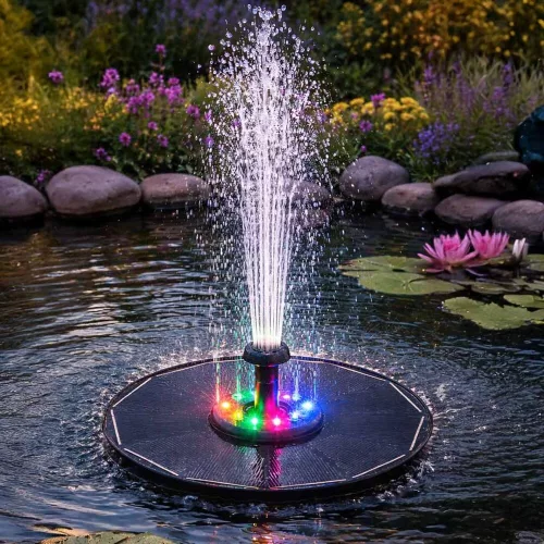 LUARO napelemes szökőkút tóba, kertbe, úszópumpa, LED, RGB, 16 cm