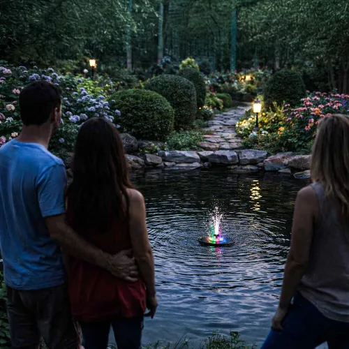 LUARO napelemes szökőkút tóba, kertbe, úszópumpa, LED, RGB, 16 cm