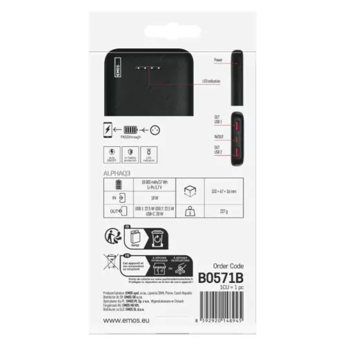 EMOS Powerbank AlphaQ3, 10 000 mAh, 22,5 W, fekete, B0571B