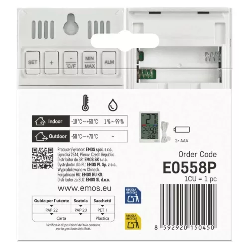 Digitális hőmérő páratartalom-mérővel, vezetékes érzékelővel, ébresztőórával E0558P, EMOS, E0558P
