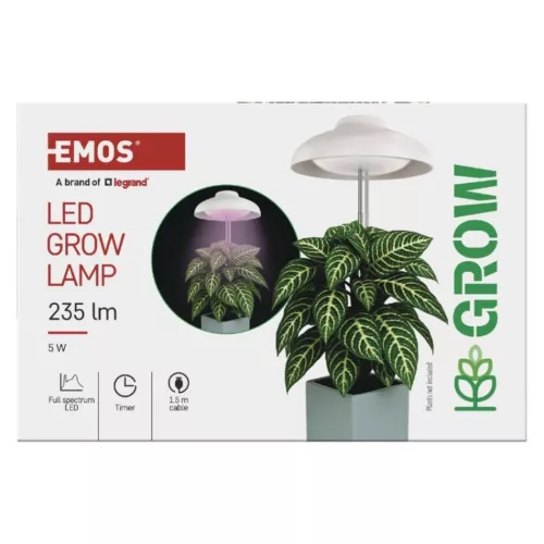 LED növénynevelő lámpa, teljes spektrum, 15 LED, beltéri, időzítővel, 3500K, 235, 5V DC, CRI> 85, fehér, Nap fehér/piros, IP20, EMOS, Z7901