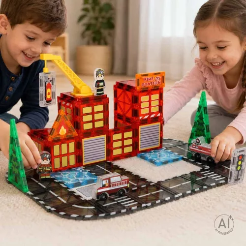 3D magnetic joc de construcție, stație de pompieri, 48 baterie
