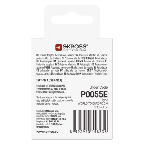 EMOS Utazóadapter Európába látogató külföldieknek, fehér, SKROSS, P0055E