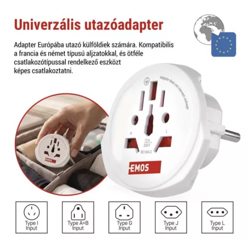 EMOS Utazóadapter Európába látogató külföldieknek, fehér, SKROSS, P0055E