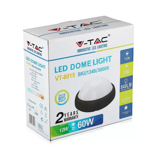 exterior lampă LED de tavan oval, 12w, 3000K, alb cald, 840lm, 120°, negru, CRI>70, IP54, V-TAC, 1349