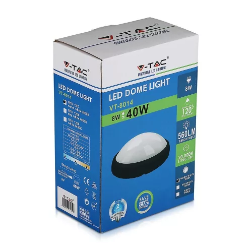exterior lampă LED de tavan oval, 8w, 3000K, alb cald, 560lm, 120°, negru, CRI>70, IP54, V-TAC, 1267