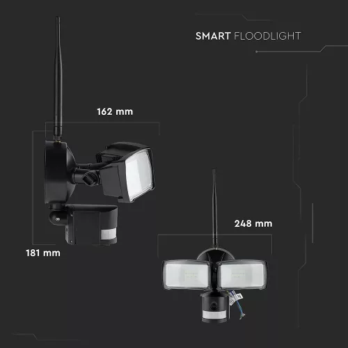 SMART LED proiector WIFI cu senzor cu cameră, 18w, 6000K, alb rece, 600lm, 180°, negru, CRI>70, V-TAC, 5917