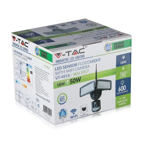 SMART LED proiector WIFI cu senzor cu cameră, 18w, 6000K, alb rece, 600lm, 180°, negru, CRI>70, V-TAC, 5917