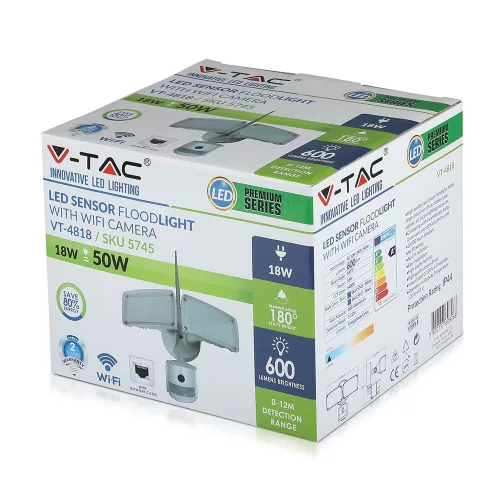 SMART LED proiector WIFI cu senzor cu cameră, 18w, 6000K, alb rece, 600lm, 180°, alb, CRI>70, V-TAC, 5745