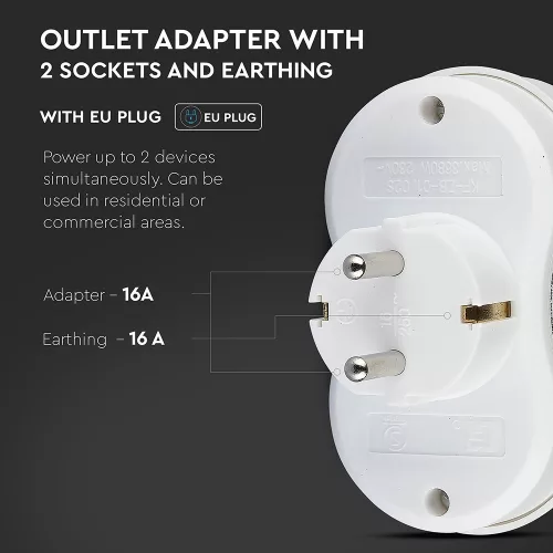 VT-1042 2 bucăți- Prizăos adaptor 16A cu împământare cu contact 16A-alb
