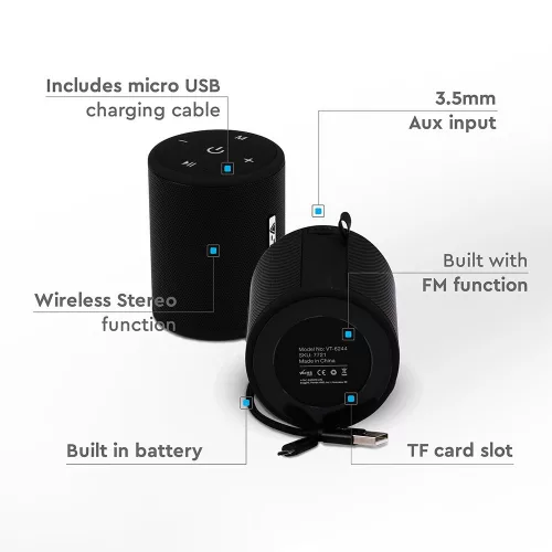 VT-6244 Hordozható Bluetooth Hangszóró - Mikro Usb Kábel (Tws) - 1500 Mah Akkumulátor - Fekete