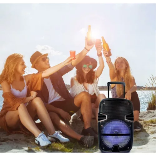 RGB Bluetooth hangszóró , party hangfal LED világítással , mikrofonnal , távirányítóval , gurulós , 35 watt , USB , tölthető , 51 x 32 cm