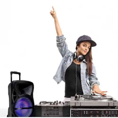 RGB Bluetooth hangszóró , party hangfal LED világítással , mikrofonnal , távirányítóval , gurulós , 37 watt , USB , tölthető , 60 x 37 cm