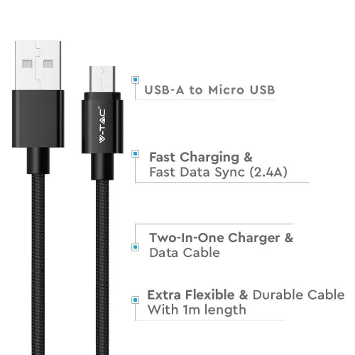 VT-5331 1M Micro Usb Fonott Nejlon Kábel - Fekete (Platina Széria)