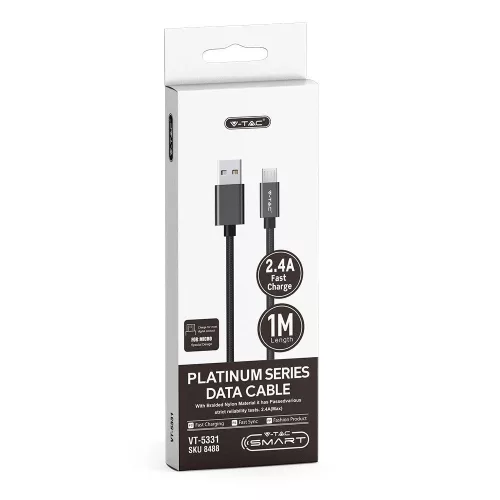 VT-5331 1M Micro Usb Fonott Nejlon Kábel - Fekete (Platina Széria)