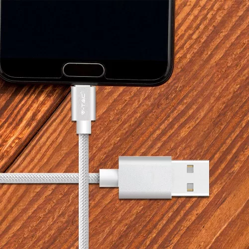 VT-5331 1M Micro Usb Fonott Nejlon Kábel - Ezüst (Platina Széria)