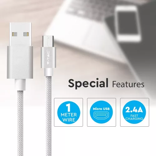 VT-5331 1M Micro Usb Fonott Nejlon Kábel - Ezüst (Platina Széria)