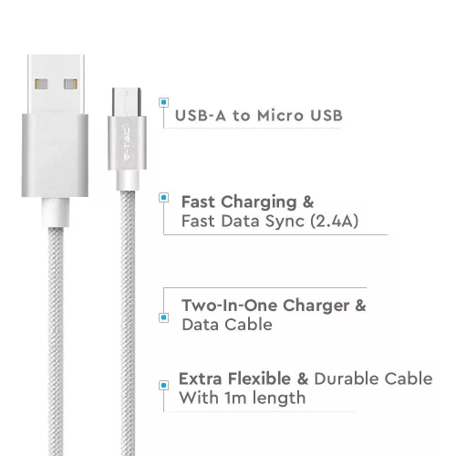 VT-5331 1M Micro Usb Fonott Nejlon Kábel - Ezüst (Platina Széria)