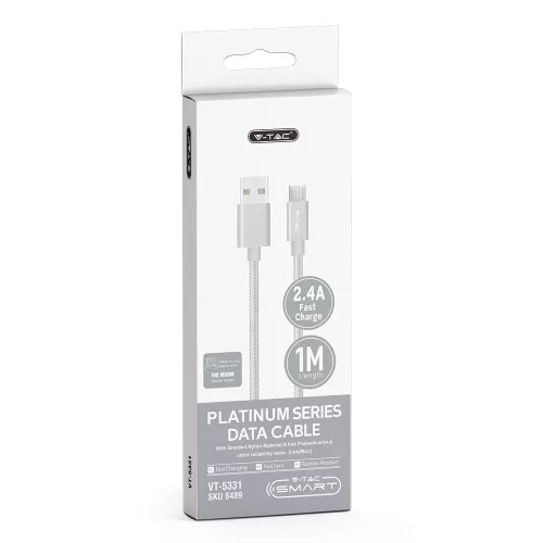 VT-5331 1M Micro Usb Fonott Nejlon Kábel - Ezüst (Platina Széria)