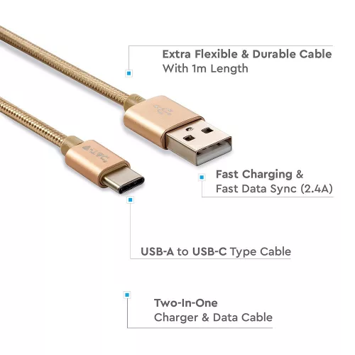 VT-5334 1M Type-C Usb Fonott Nejlon Kábel - Arany (Platina Széria)