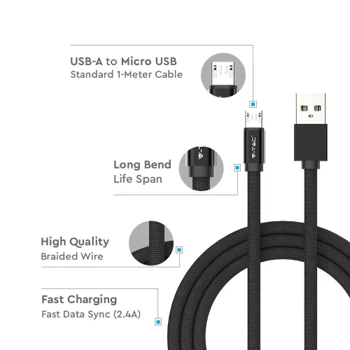 Ruby Micro USB kábel, fekete, V-TAC, 8494