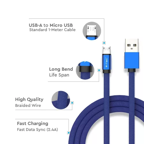 Ruby Micro USB kábel, kék, V-TAC, 8496