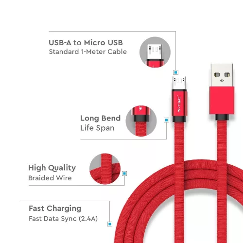Ruby Micro USB kábel, piros, V-TAC, 8497