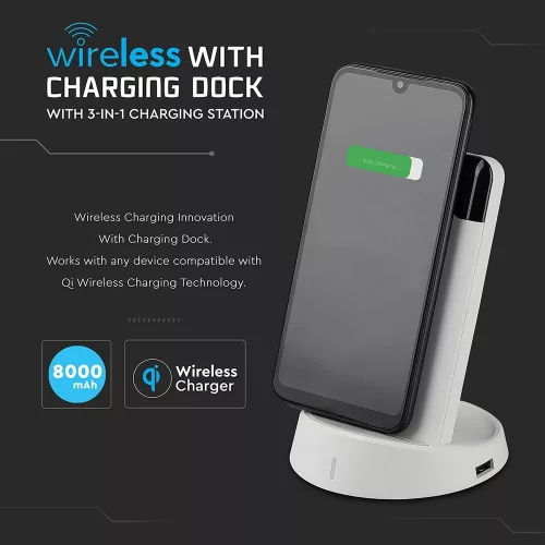 VT-3509 8000Mah Vezeték Nélküli Power Bank Kijelzővel És Állványnyal - Fehér