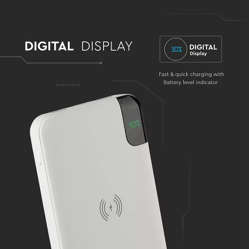 VT-3509 8000Mah Vezeték Nélküli Power Bank Kijelzővel És Állványnyal - Fehér