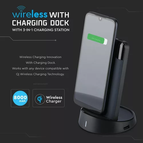 VT-3509 8000 Mah Vezeték Nélküli Power Bank Kijelzővel És Állványnyal - Sötétkék